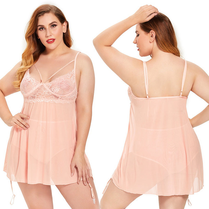 Plus Size Lingerie Sexy Sexy Dentelle Dos Nu Pyjamas Jupe à Bretelles Vêtements de Nuit Sexy