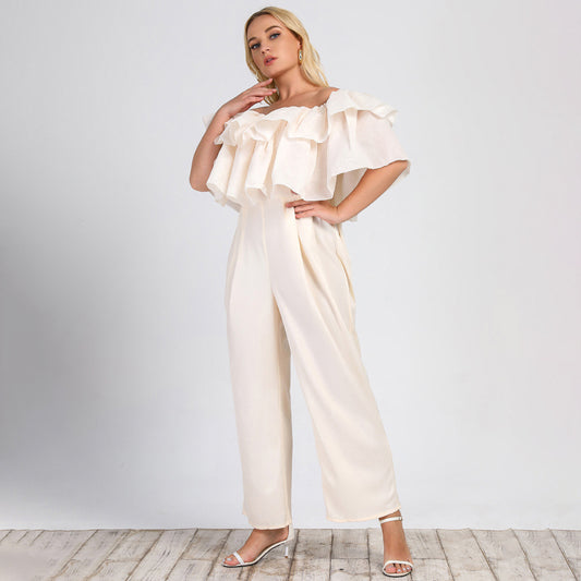 Plus Size Women Clothing Summer New Lotus Edge off-Shoulder Solid Straight-Leg Office Casual Pants Jumpsuit