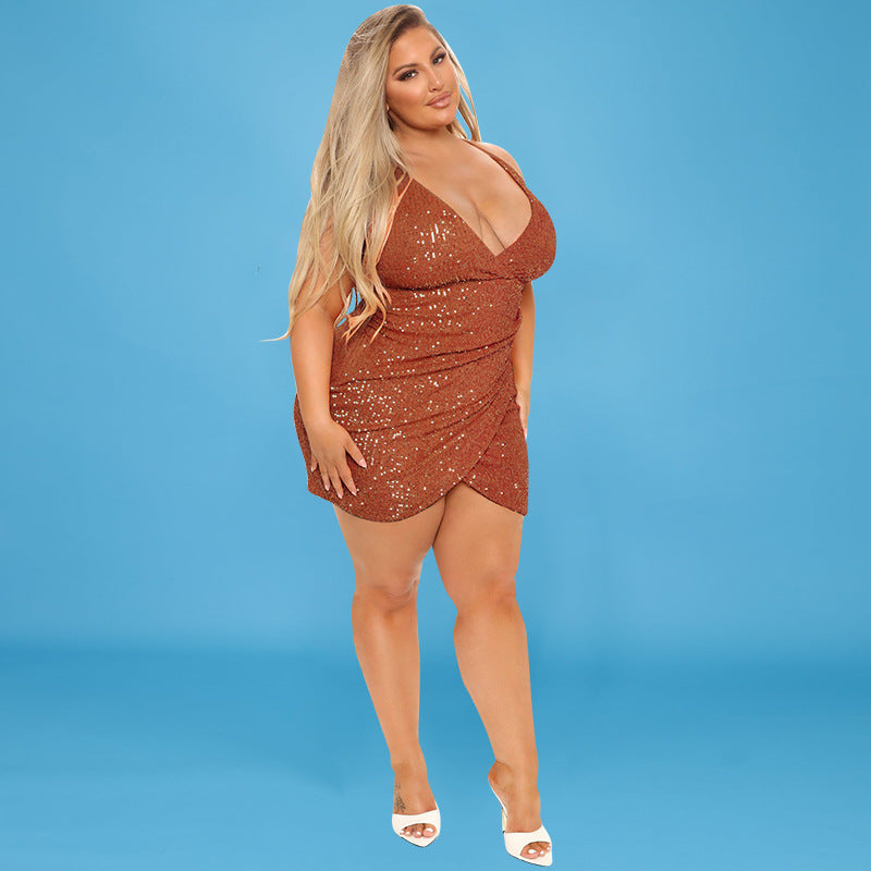 Plus Size Women Clothing Embroidery Beads Sexy Halter Dress