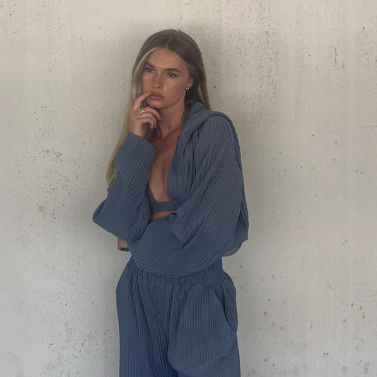 Loose Women Pants Suit Elegant High Waist Long Sleeves Three Piece Set Hair