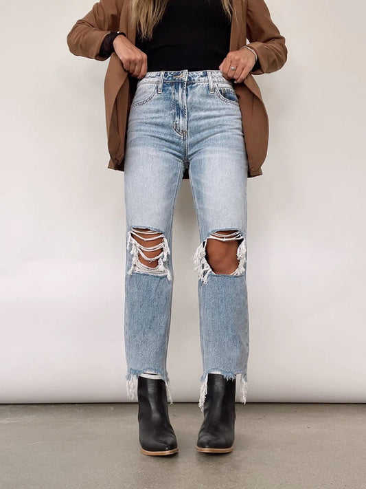 Women Retro High Waist Ripped Straight Street Jeans