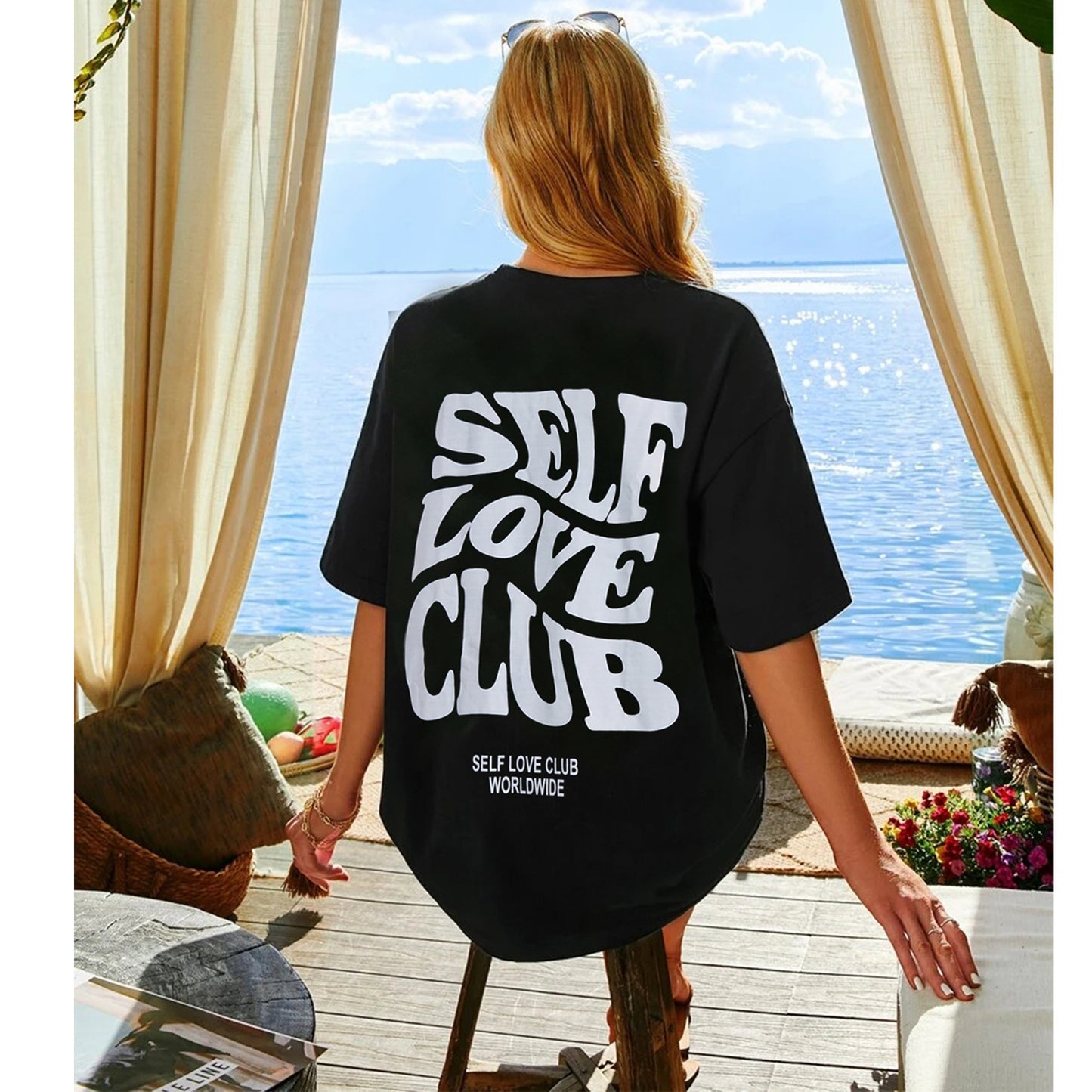 Rapide décontracté noir t-shirt Simple col rond manches courtes femmes haut ample imprimé