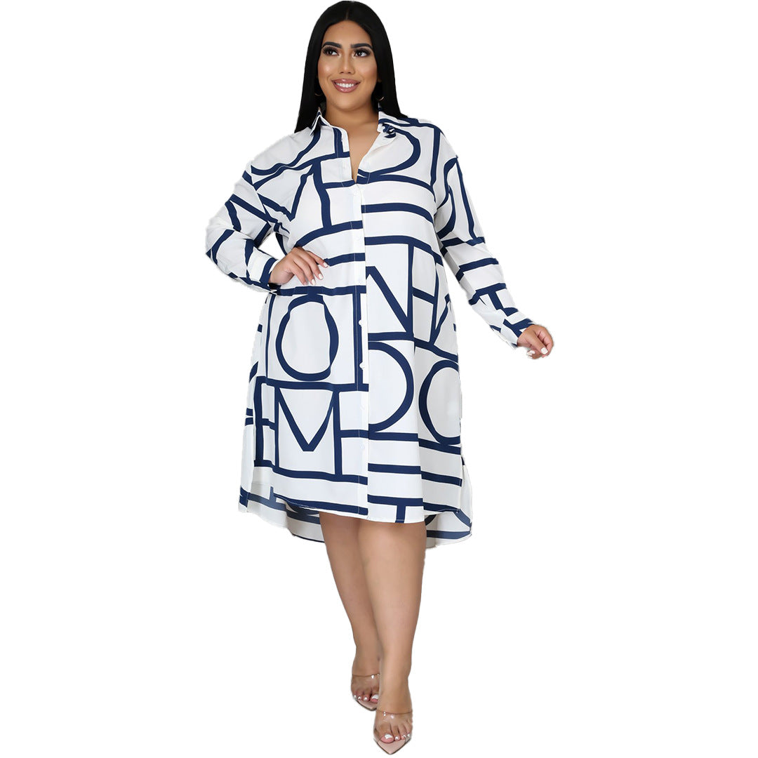 Plus Size Printing Pleating Waist Shirt Dress for Women
