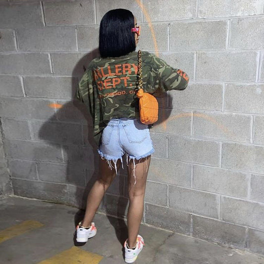 Nazada Clothing Camouflage Adhesive Cement Sexy Hollow Out Cutout Long Sleeved Street Top Women Clothing