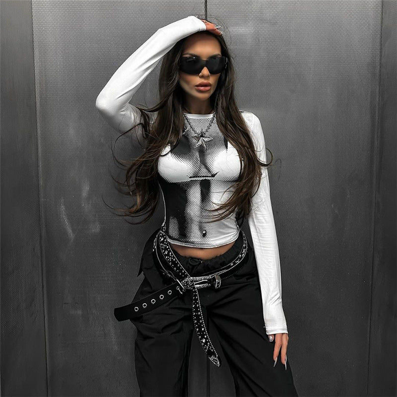 Top Street Shooting 3D Printing Long Sleeve Slim Fit Slimming T Shirt