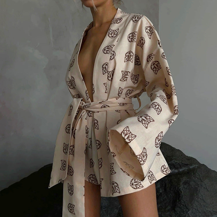 Lâche femmes imprimé porter décontracté à lacets pyjama à manches longues taille haute Shorts costume maison porter