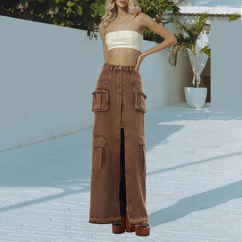 Hipsters High Street taille haute longue droite devant fente conception Denim couleur unie femmes jupe