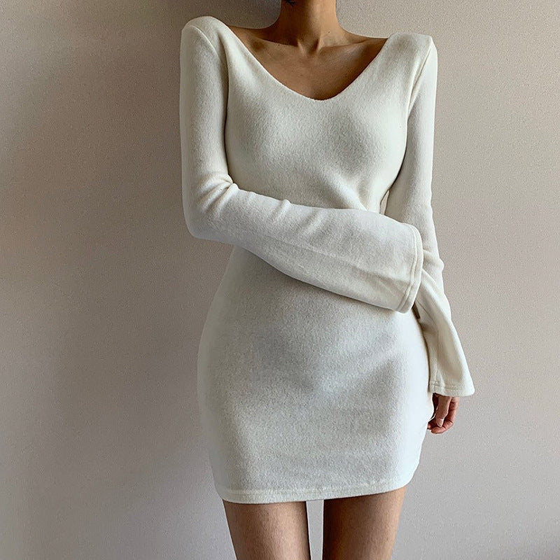 Fashion Front Back V-neck Backless Sexy Micro-Pull Sleeve Dress Women Clothing Long Sleeve Narrow Short