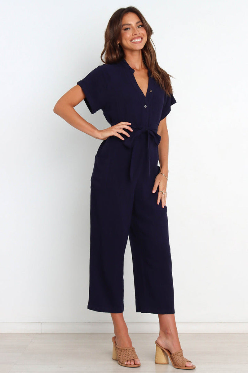 Summer Solid Color Pocket Sexy V Neck Cropped Wide Legged Jumpsuit Women
