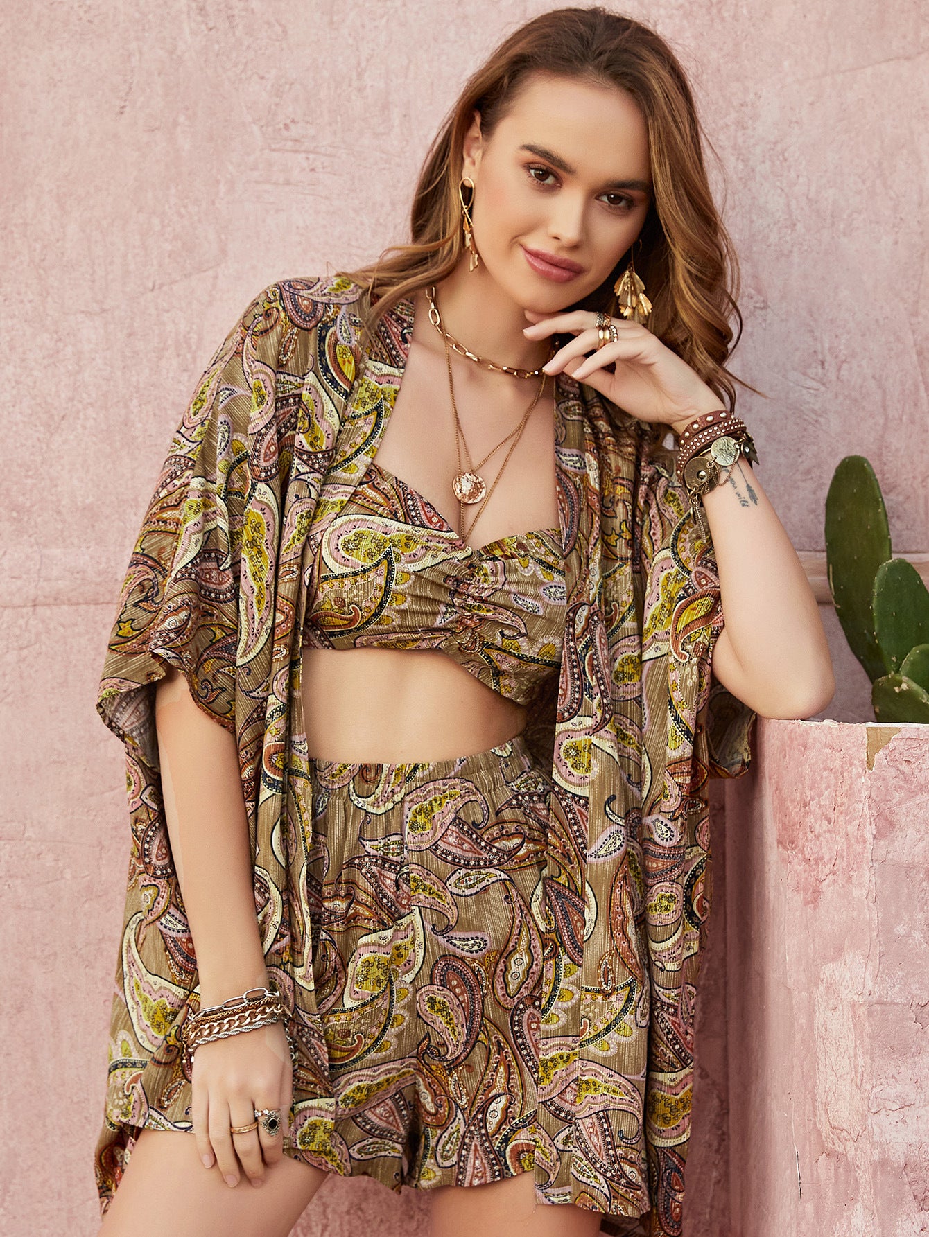 Green Paisley Printing 3-Piece Set Vacation Skirt Female