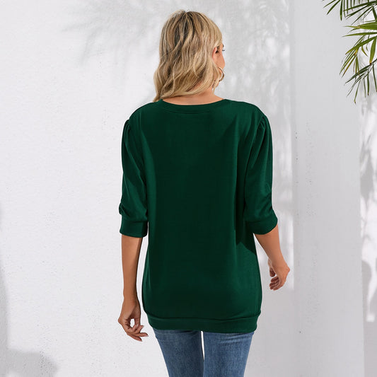 Solid Color Half Sleeves Knitwear Round Neck Puff Sleeve All Matching Hoodie