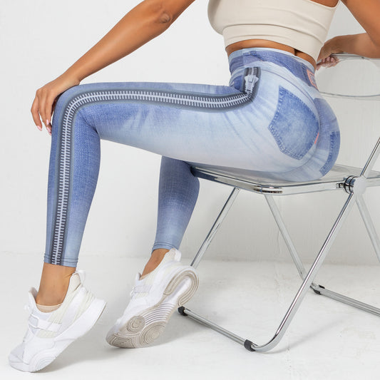 New Digital Printing Denim Blue Tight High Elastic Quick-Drying Yoga Pants Sports Running Fitness Pants for Women