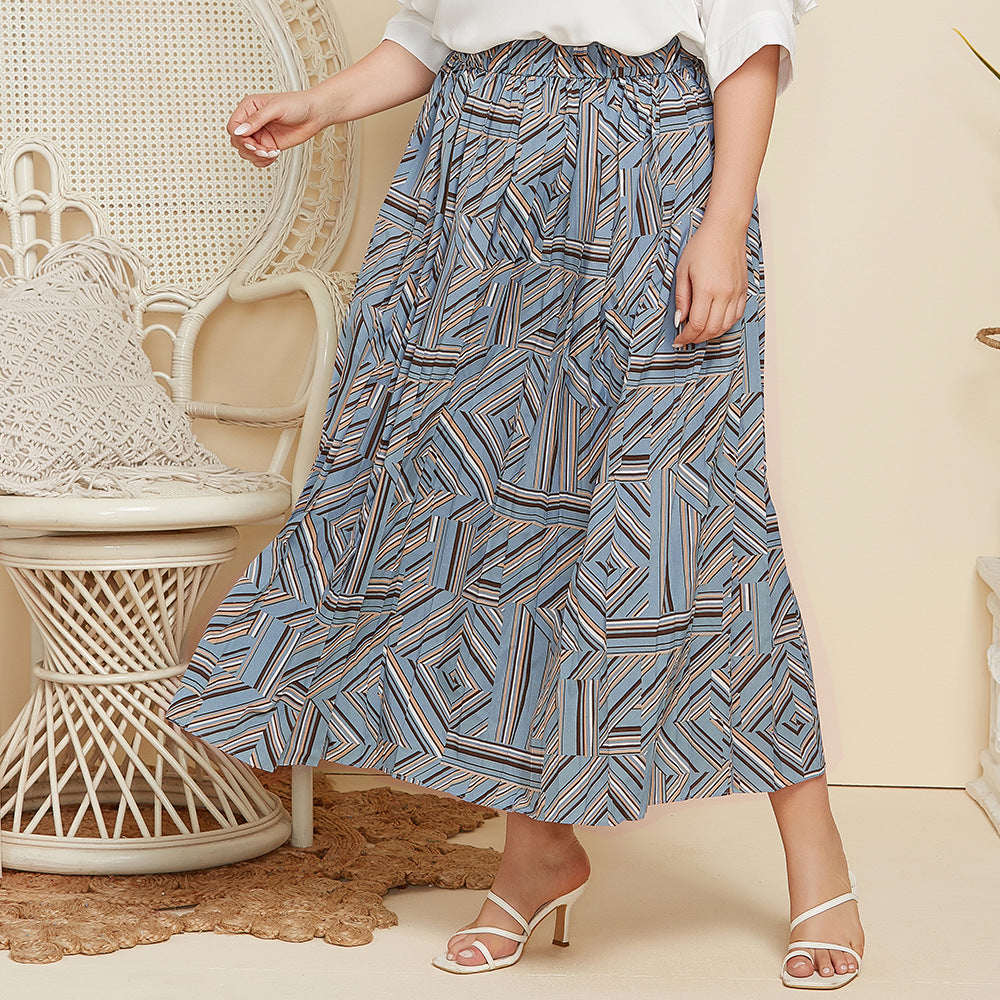 Grande taille femmes géométrique abstrait imprimé jupe plissée robe maxi ample