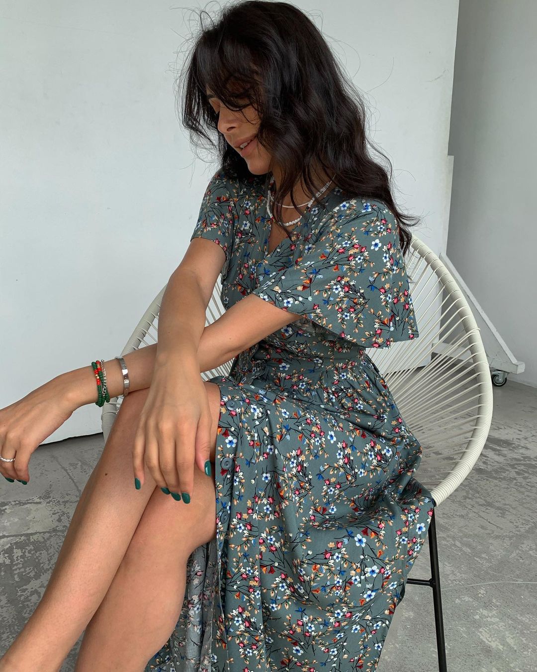 Robe à fleurs fendue à taille mi-longue printemps-été