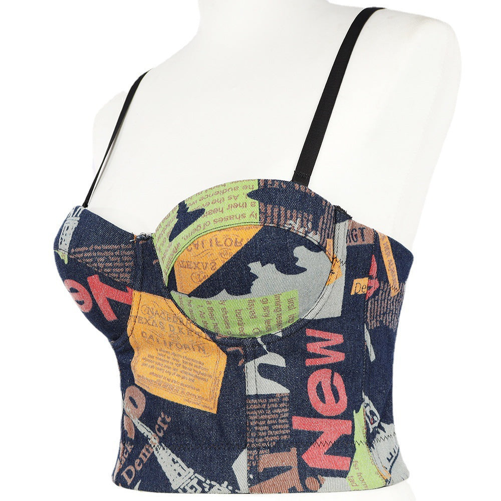 Dos nu à lacets Denim impression Camisole femmes vêtements d'extérieur Sexy gilet haut court haut tubulaire mince