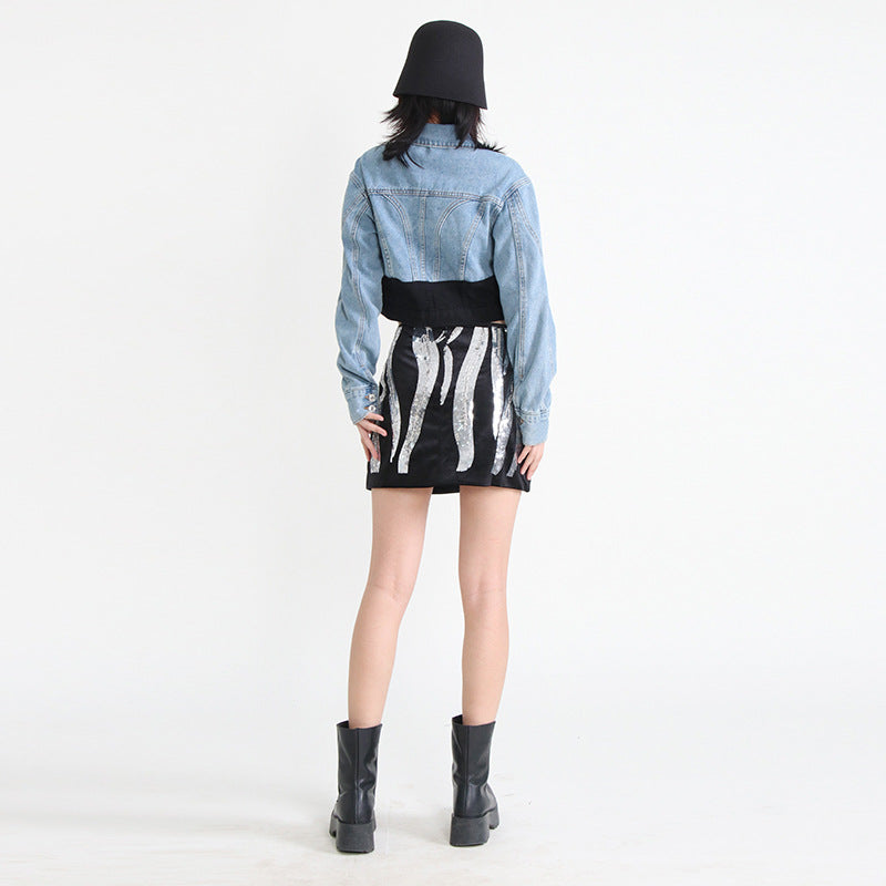 Denim Jacket Spring Polo Collar Stitching Single Breasted Long Sleeve Short Coat Women