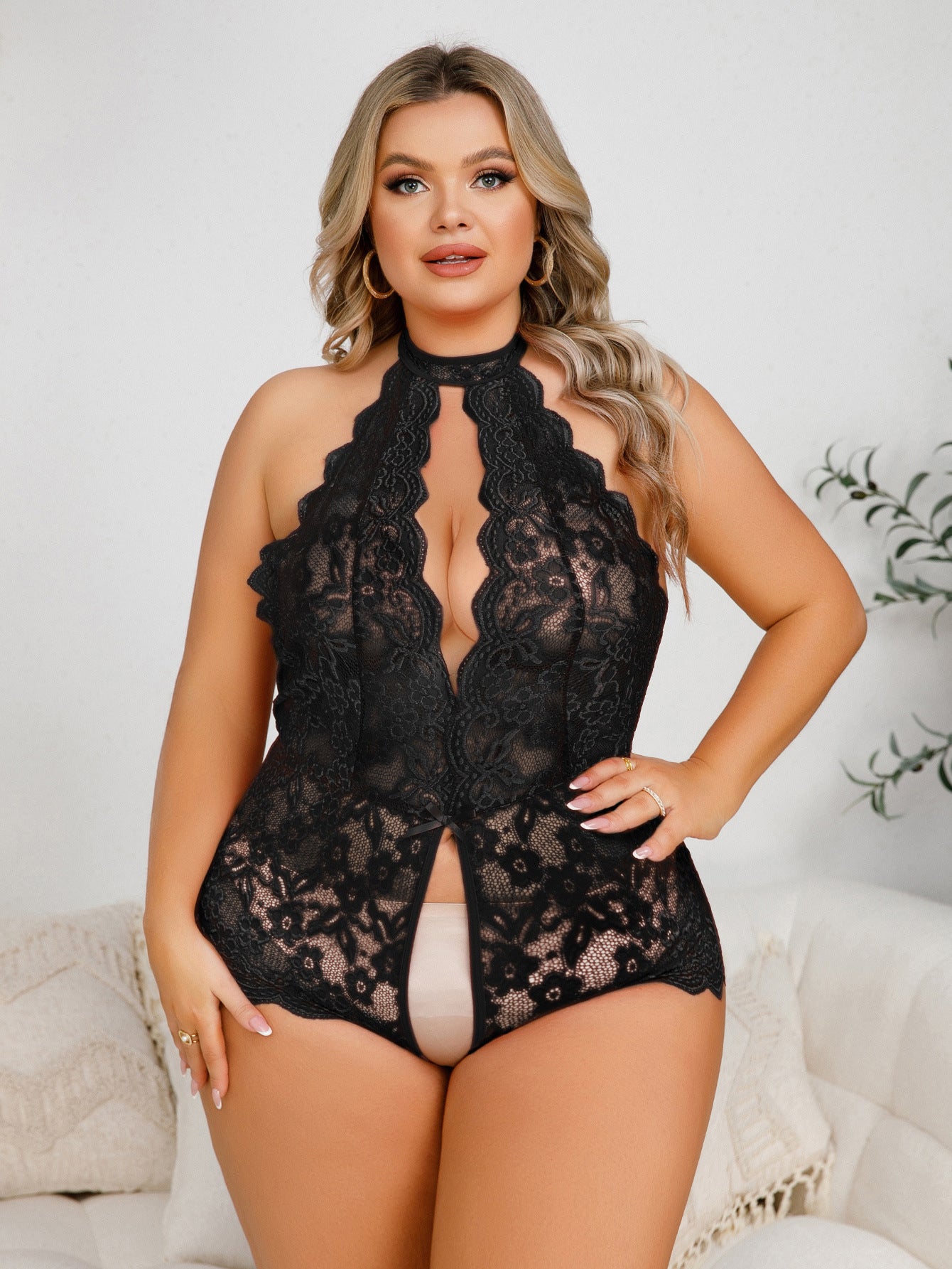 Plus Size Sexy Lingerie Hollow Out Cutout Jumpsuit Sleepwear