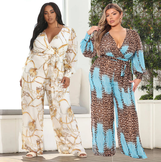 Plus Size Plus Size V neck Chiffon Jumpsuit Leopard Print Fashion Sexy Long with Belt