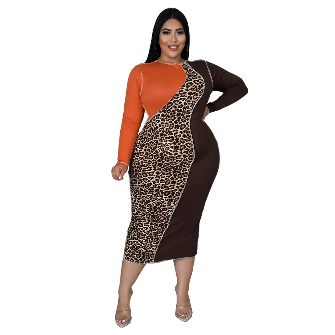 Plus Size Fashion Women Nightclub Uniforms Reverse Car Side Leopard Splicing Contrasting-Color Dress