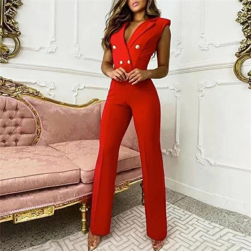 Printemps été femmes vêtements couleur correspondant bouton col en v sans manches pied-de-poule combinaison vêtements d'affaires pour les femmes