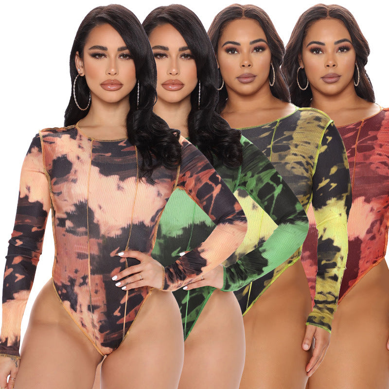 Plus Size Spring Women Clothing round Neck Print Long Sleeves Tight Breasted Jumpsuit