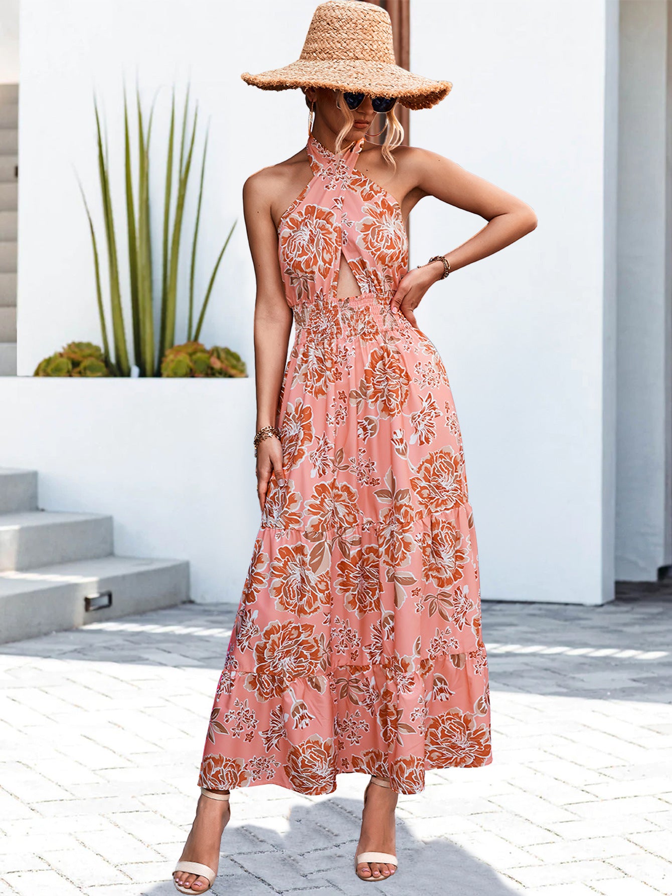 Robe d'impression à bretelles dos nu sexy printemps été