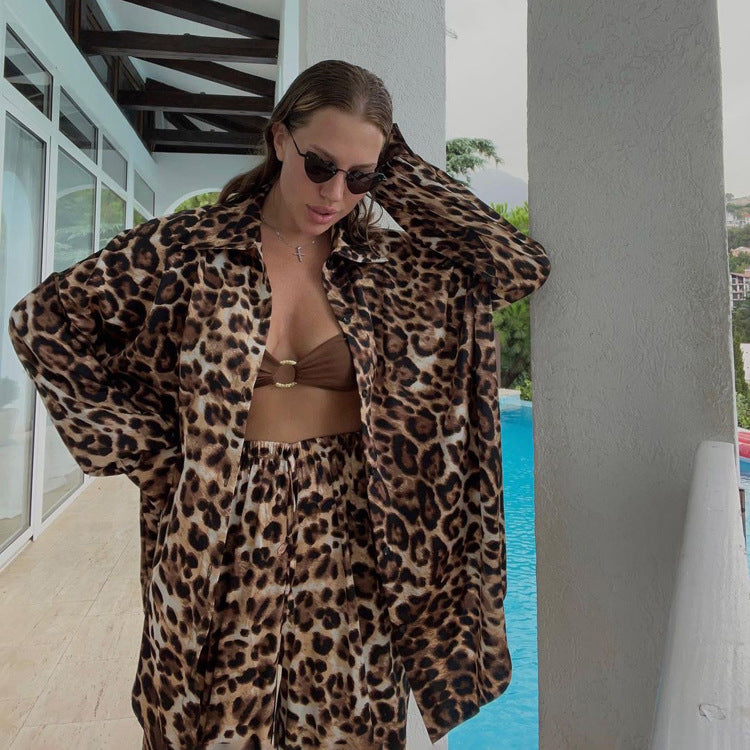 Women Clothes Suit Long Sleeve Leopard Print Loose Two Piece Suit