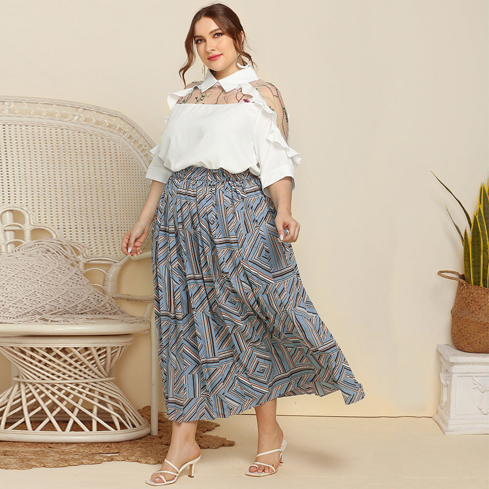 Grande taille femmes géométrique abstrait imprimé jupe plissée robe maxi ample