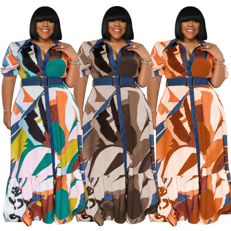Plus Size Summer Color Printing with Belt Loose Women Clothing Dress
