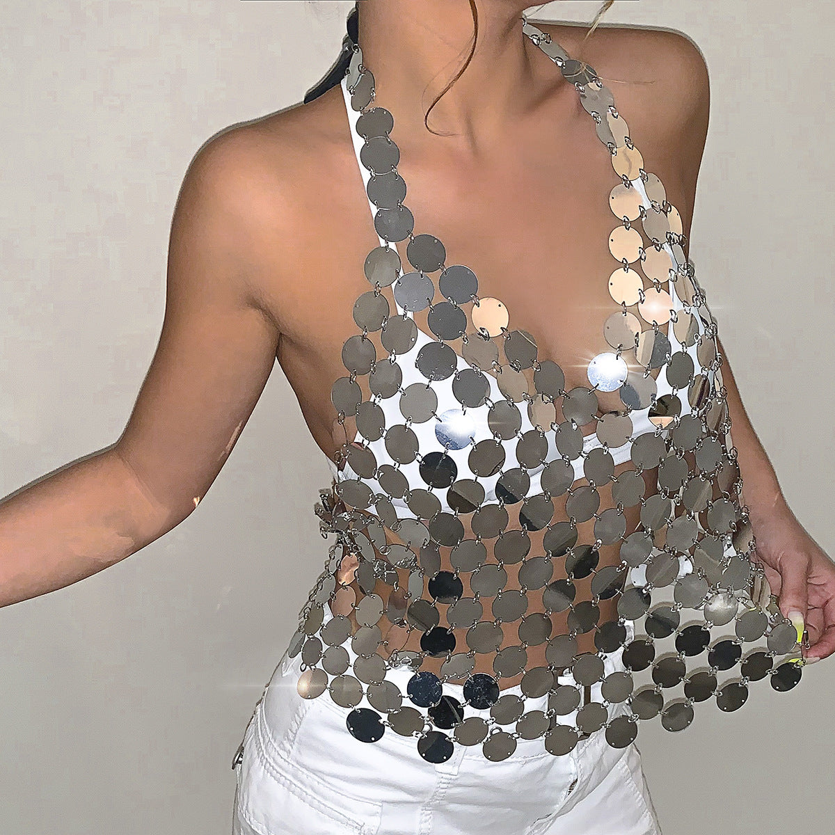 Ornament Sexy Handmade Vest- Clothing Chain V-neck Wafer Night Club Women