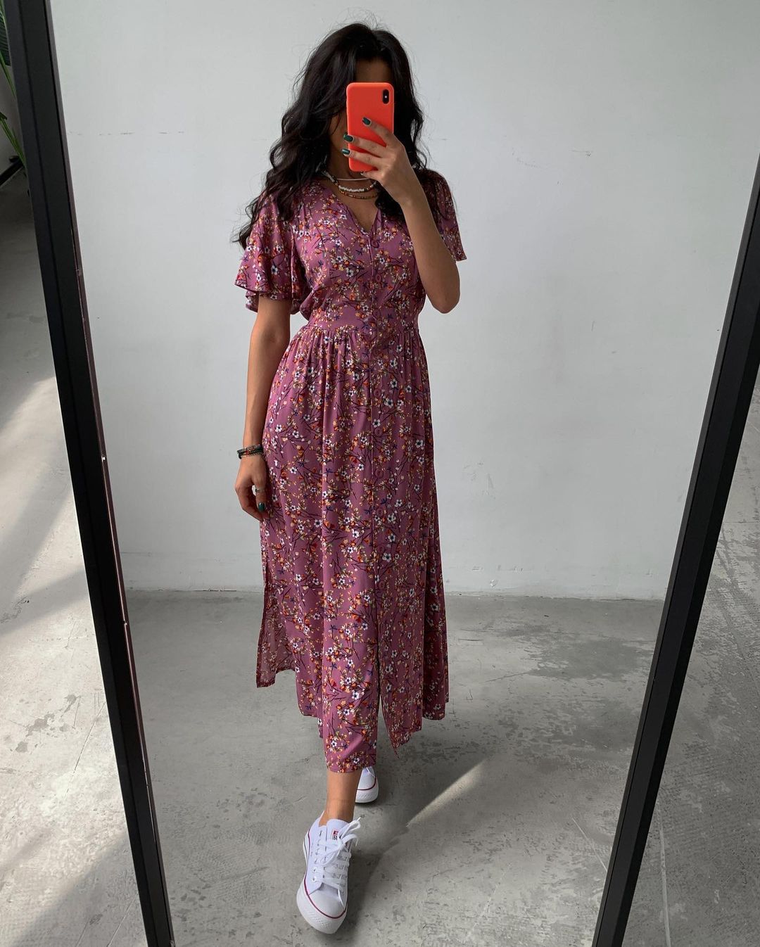 Robe à fleurs fendue à taille mi-longue printemps-été