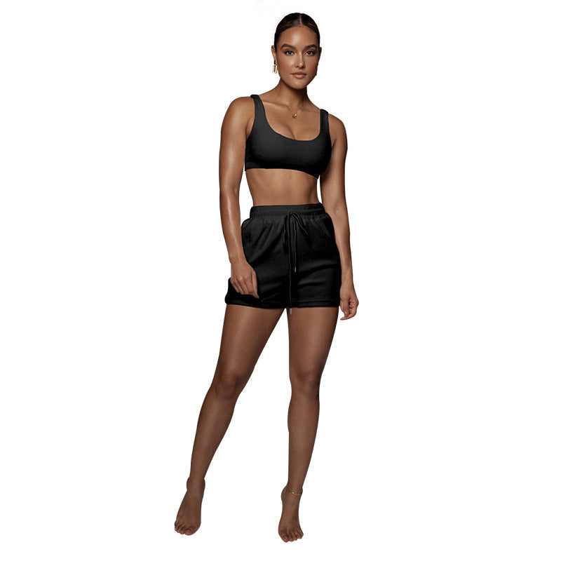 Women Summer Solid Color Cropped Tank Top Shorts Drawstring Two-Piece Sports Casual Set