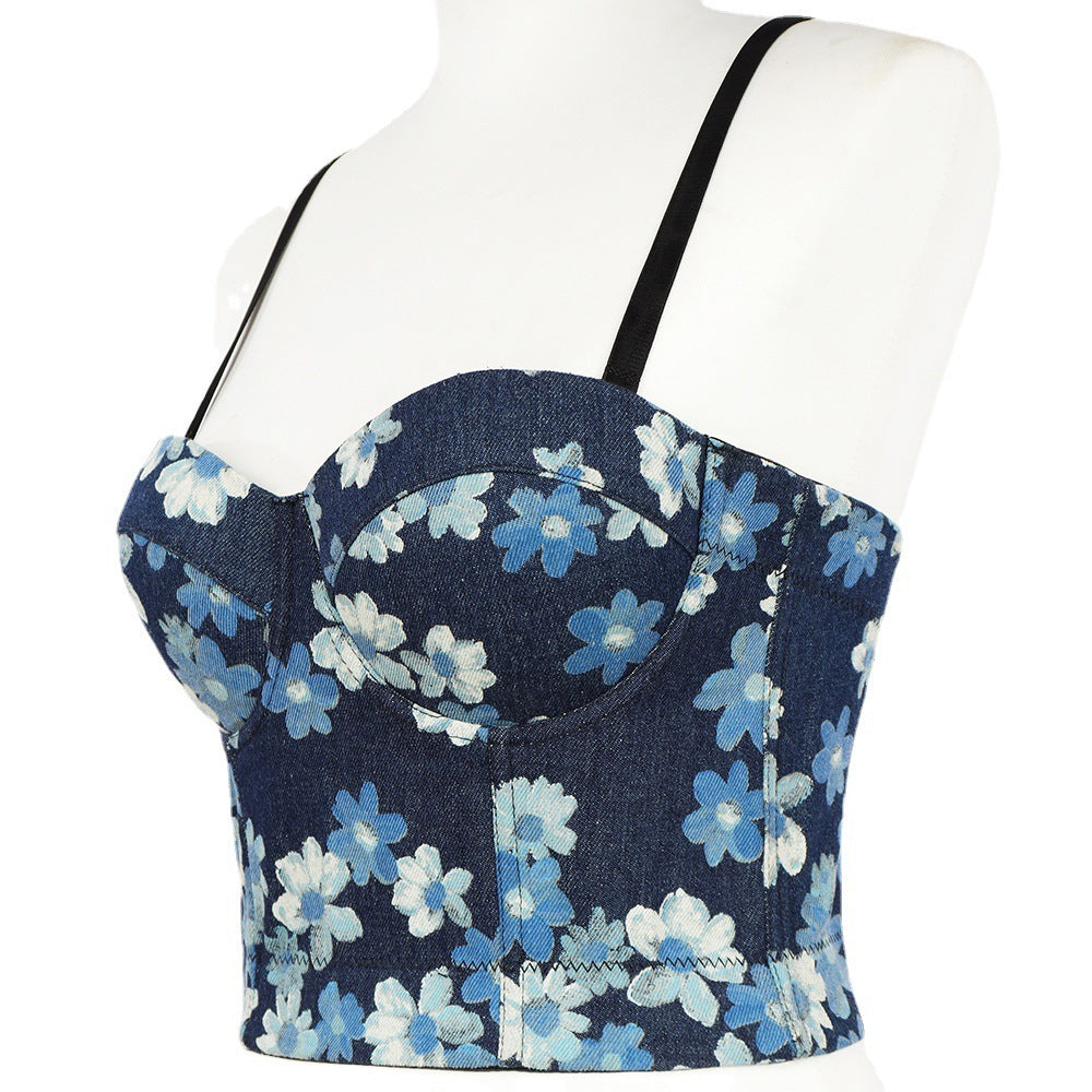 Dos nu à lacets Denim impression Camisole femmes vêtements d'extérieur Sexy gilet haut court haut tubulaire mince