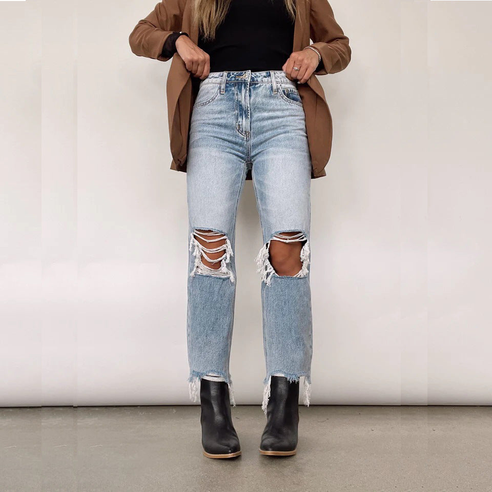 Women Retro High Waist Ripped Straight Street Jeans