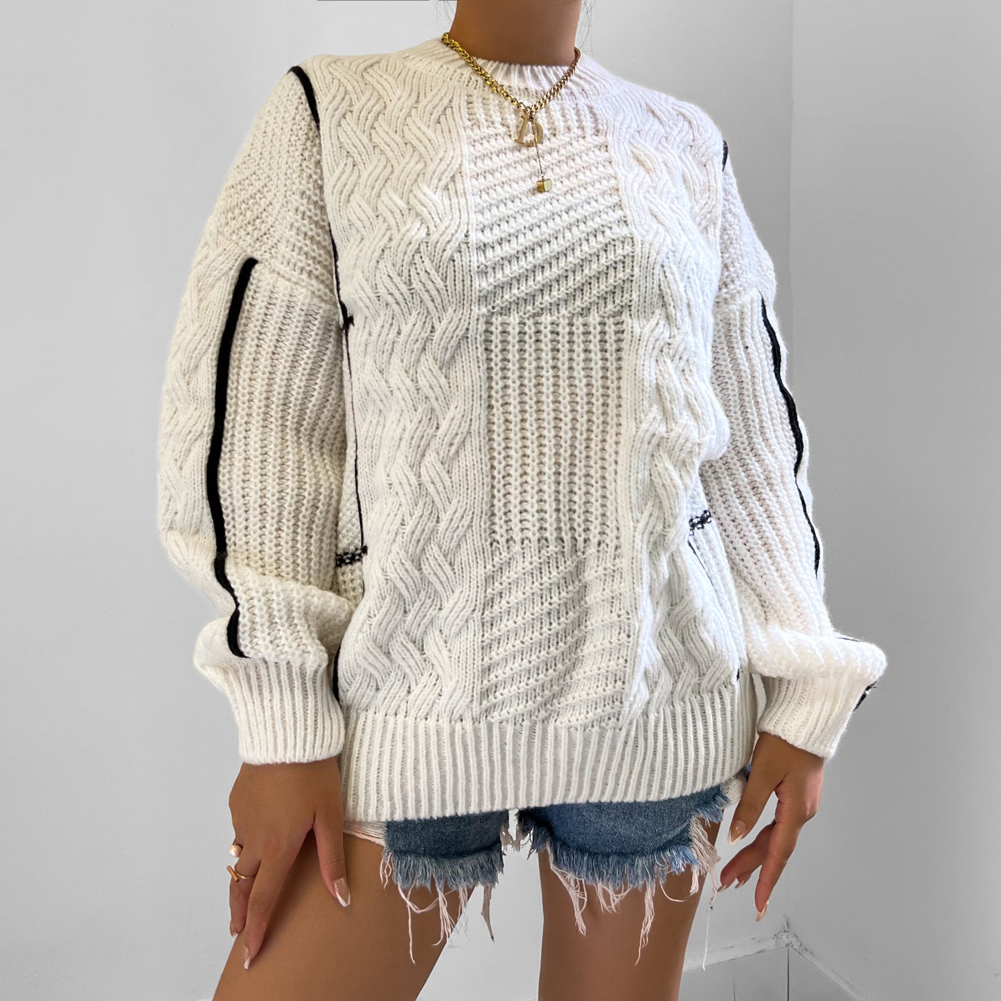 Women Clothing Autumn Winter round Neck Lantern Sleeve Sweater
