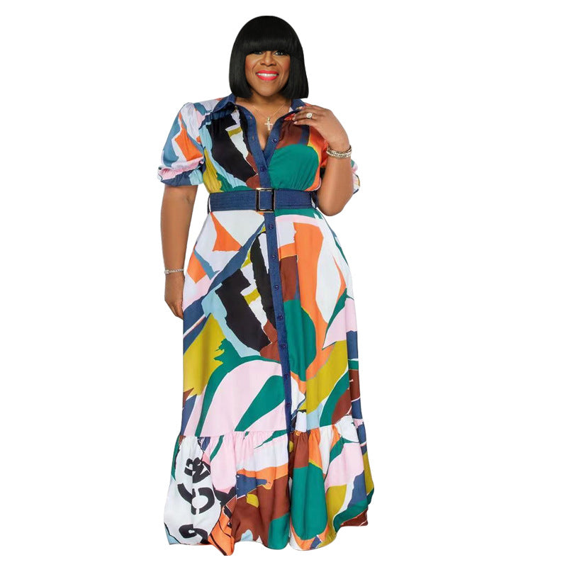 Plus Size Summer Color Printing with Belt Loose Women Clothing Dress