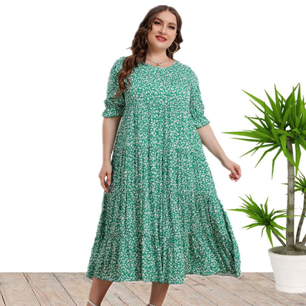 Plus Size Summer Women Clothes Short Sleeve Rayon Printed Loose Dress