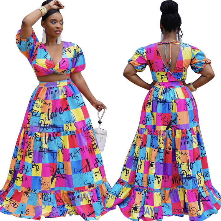 Plus Size Women Clothing Two-Piece Suit Wrapped Chest Vest Swing Skirt