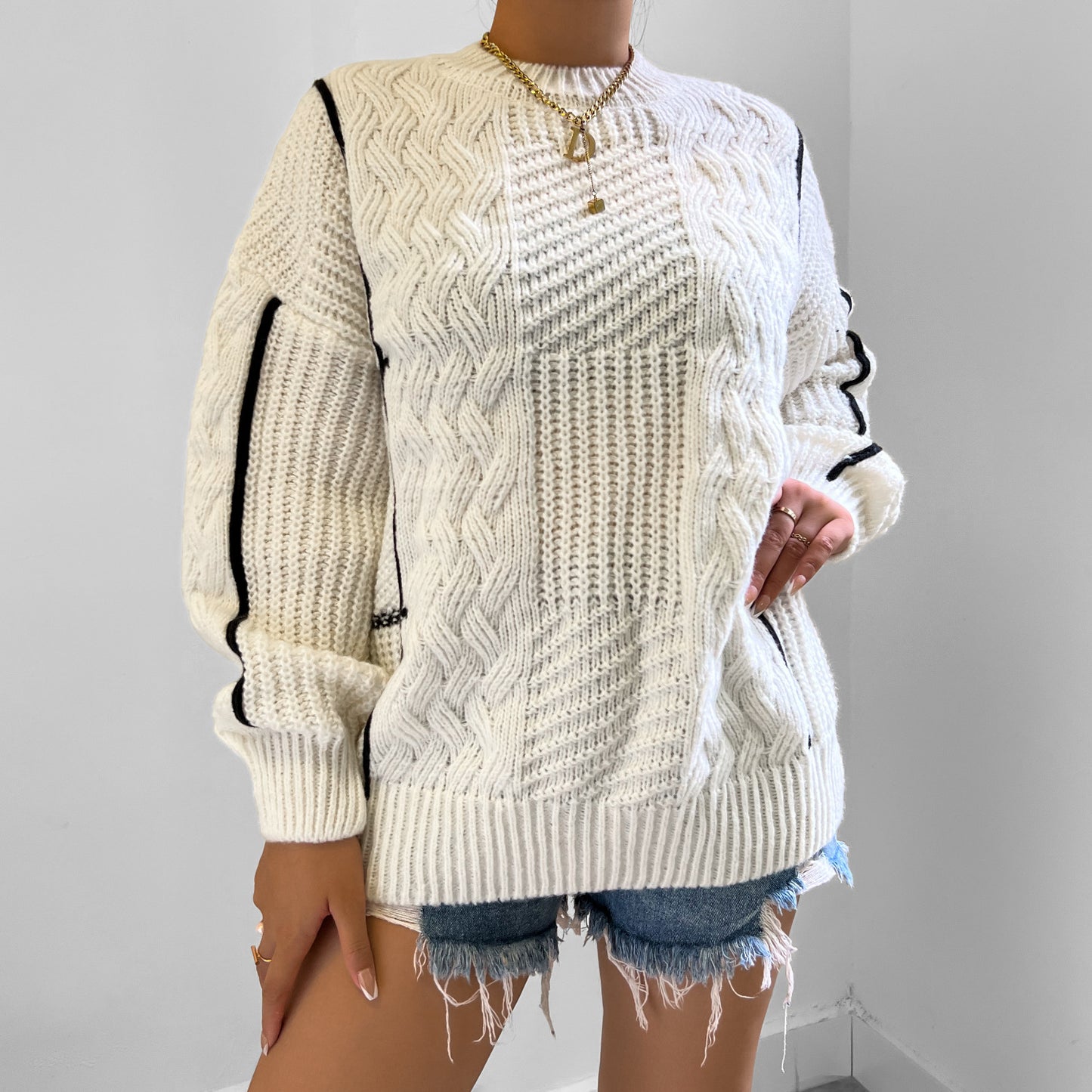 Women Clothing Autumn Winter round Neck Lantern Sleeve Sweater