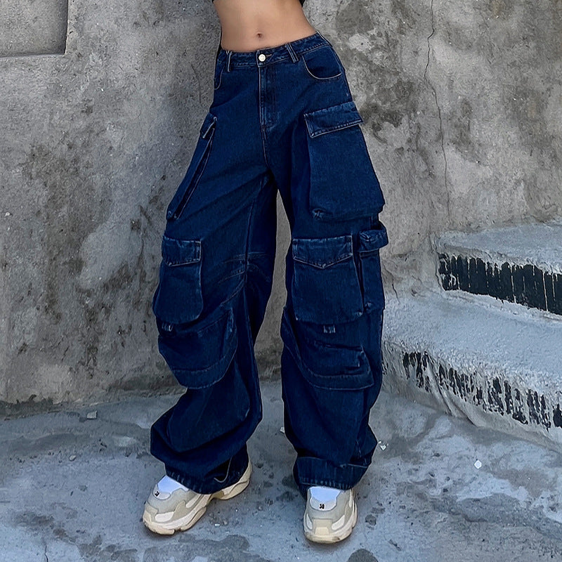 High Waist Large Pocket Loose Casual Wide Leg Pants Women Clothing