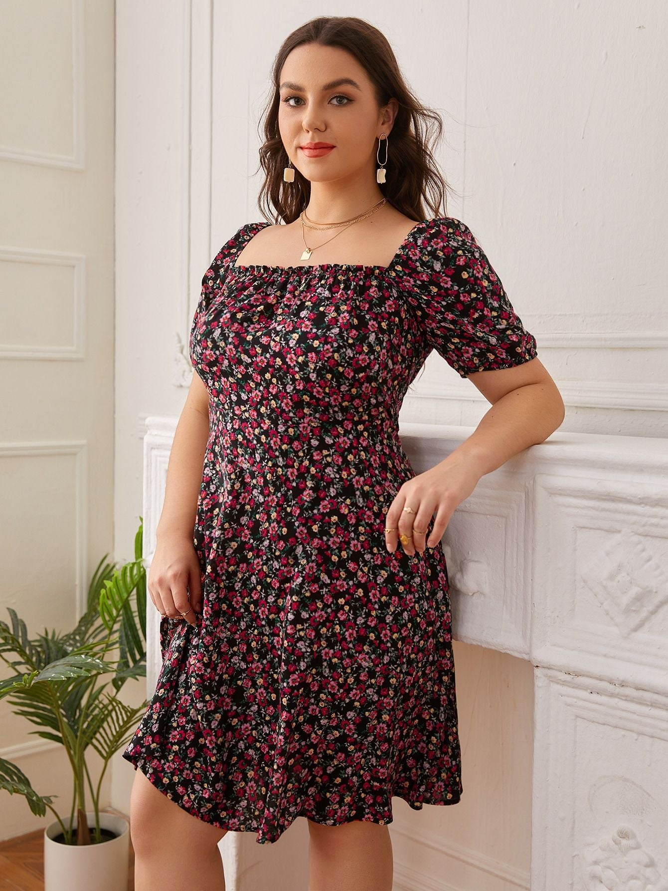 Plus Size Summer Sweet Square Collar Backless Floral Dress Boho Bohemian Vacation Dresses