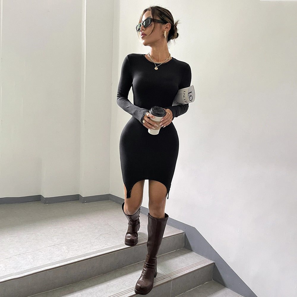 Women Clothing Street Sexy Irregular Asymmetric Slim-Fit Knitted Long Sleeve Narrow Dress Short