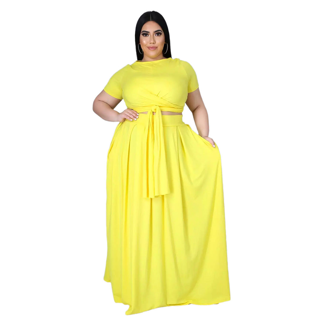 Plus Size Plus Size Women Solid Color Criss Cross Lace-up Large Swing Skirt Two-Piece Suit