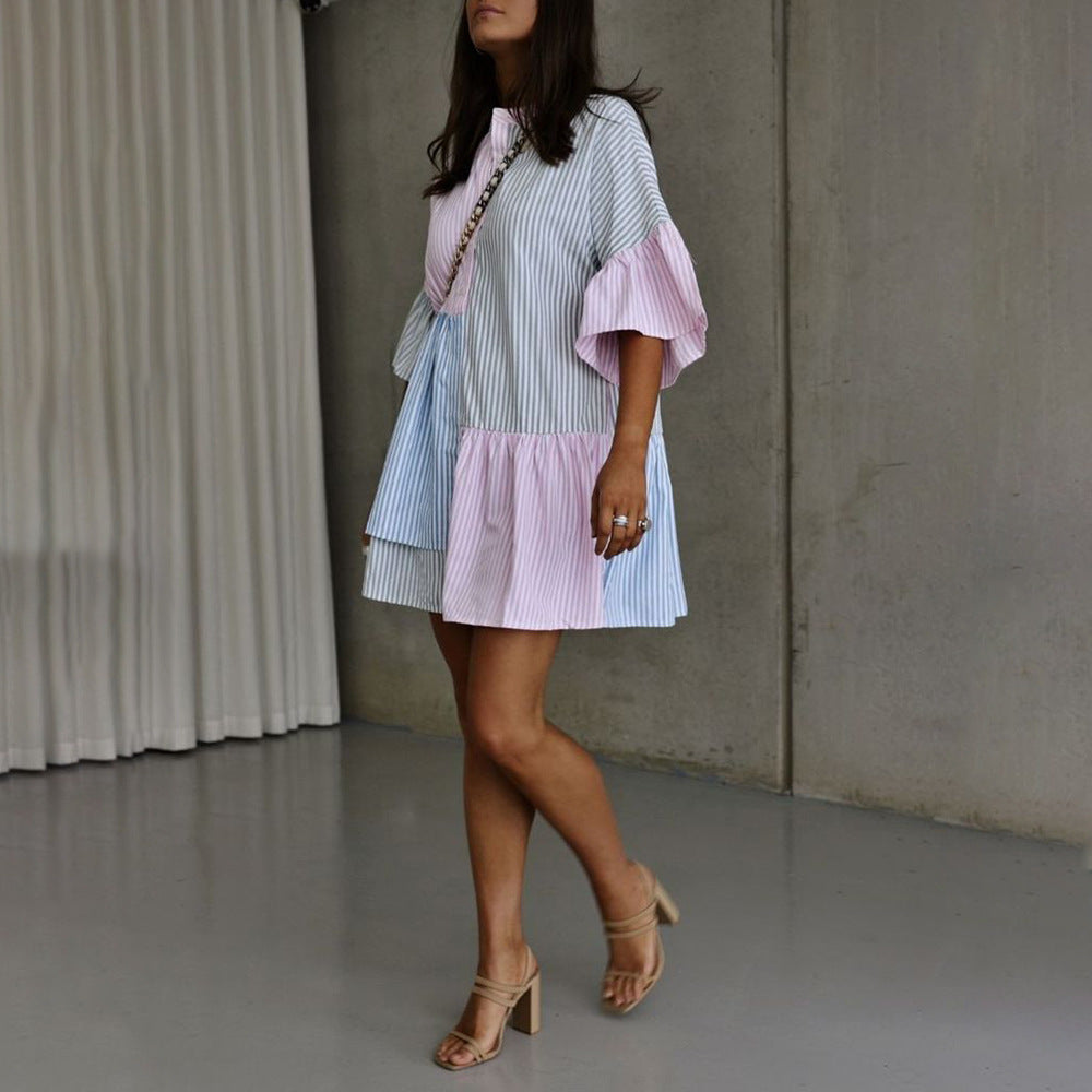 Rayé Impression Couleur Contraste Manches Courtes Tenue Décontractée Printemps Eté Femme Vêtements