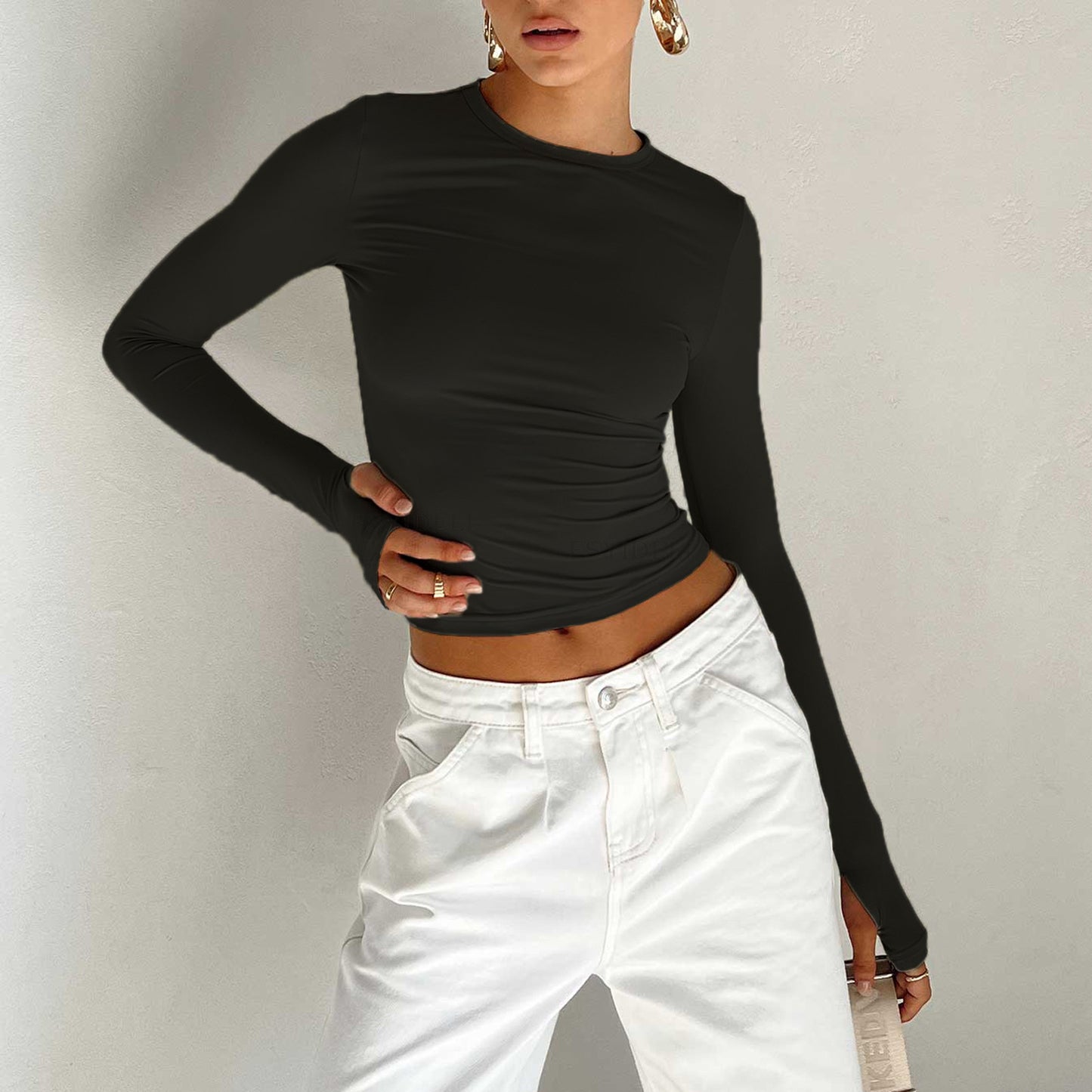 Vêtements pour femmes couleur unie bas col rond t-shirt Sexy Slim Fit minceur manches longues haut t-shirt