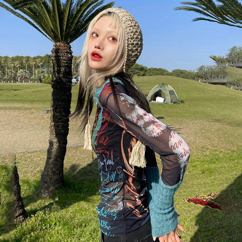 Round Neck Pullover Long Sleeve Mesh Printed Casual Women Clothing Top