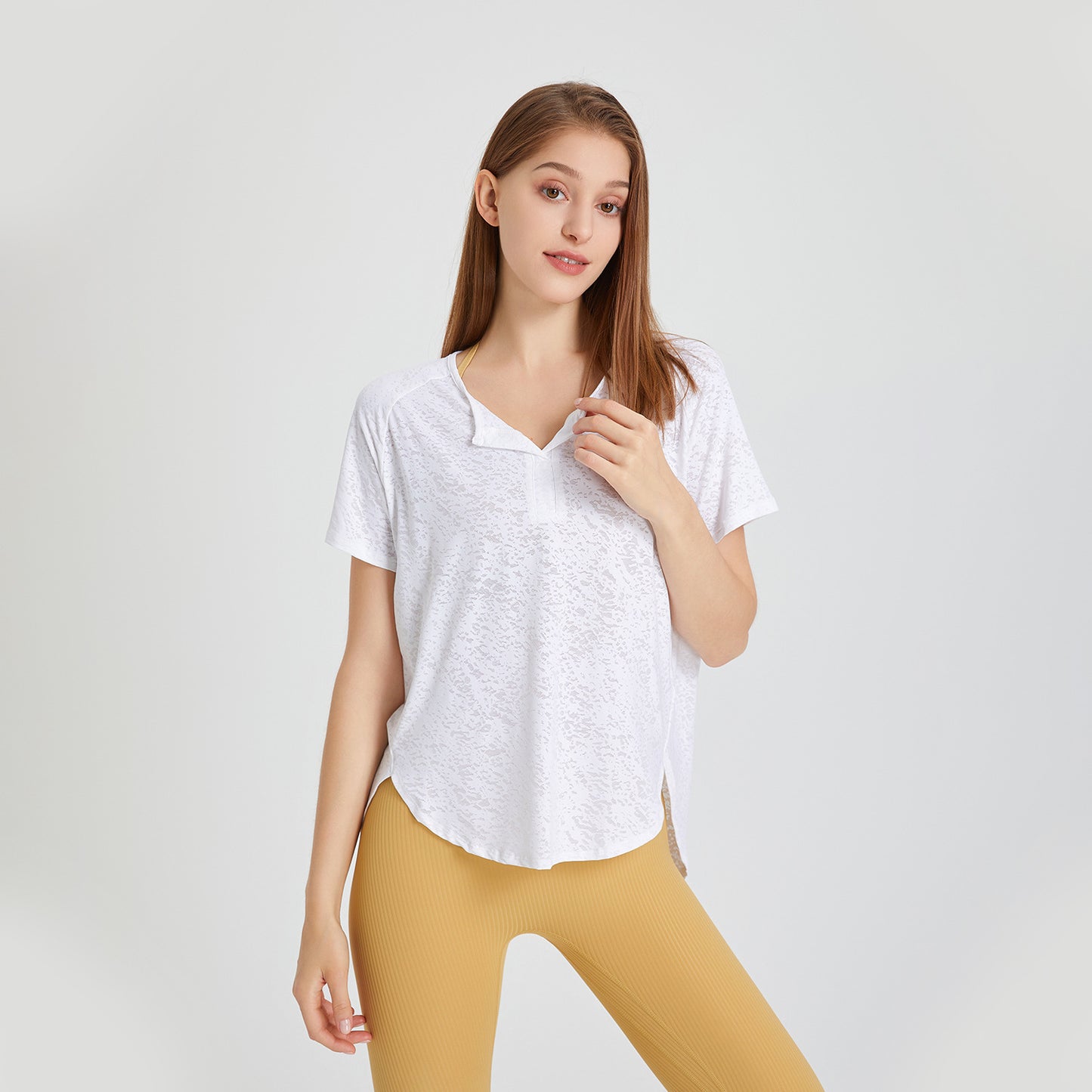 Été lâche respirant col en V Yoga vêtements à manches courtes t-shirt neige motif course sport Blouse entraînement haut femmes