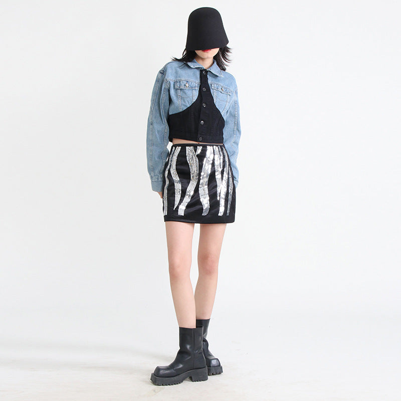 Denim Jacket Spring Polo Collar Stitching Single Breasted Long Sleeve Short Coat Women