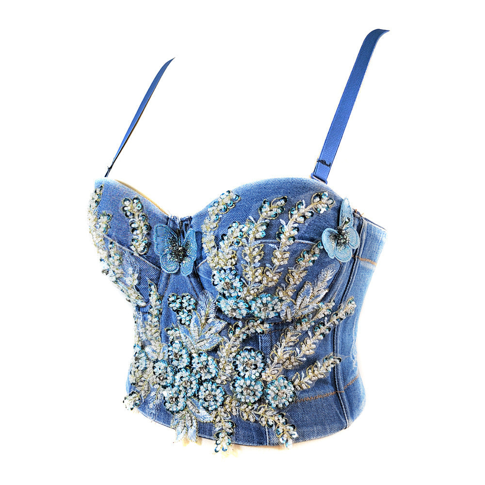 Heavy Industry Beads Denim Camisole Outer Wear Vest Night Club Sexy Wrapped Chest