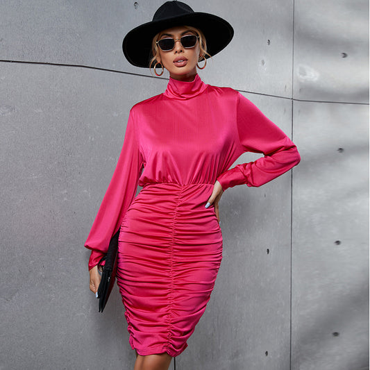 High Collar Solid Color Slim Dress